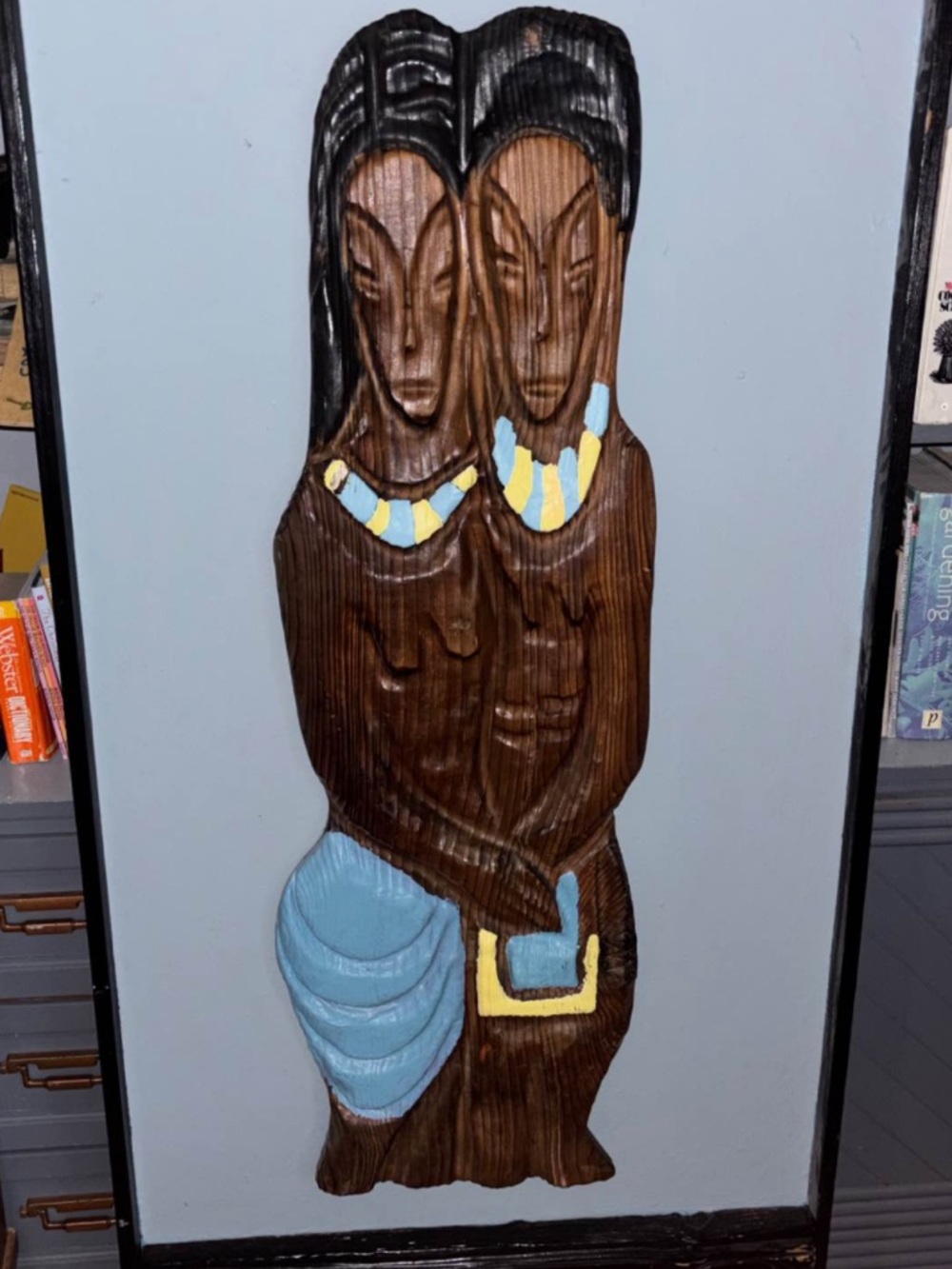Vintage Hawaiian Hula Warrior Tiki Wall Sculpture - Brown & Blue